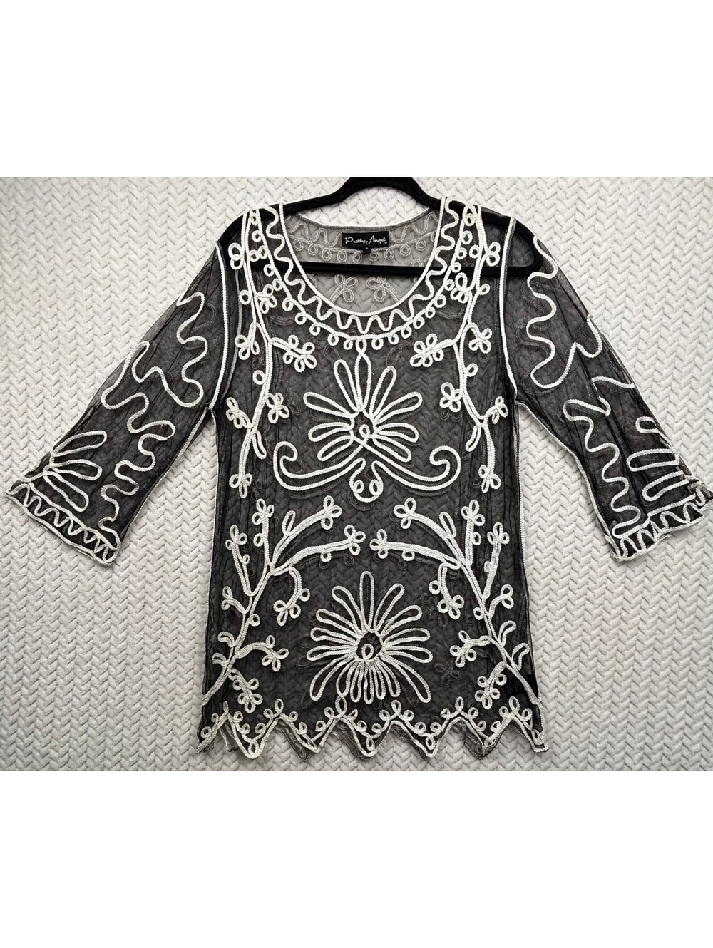 Pretty Angel Black Sheer Mesh Top with White Embroidered Floral Design, Size S